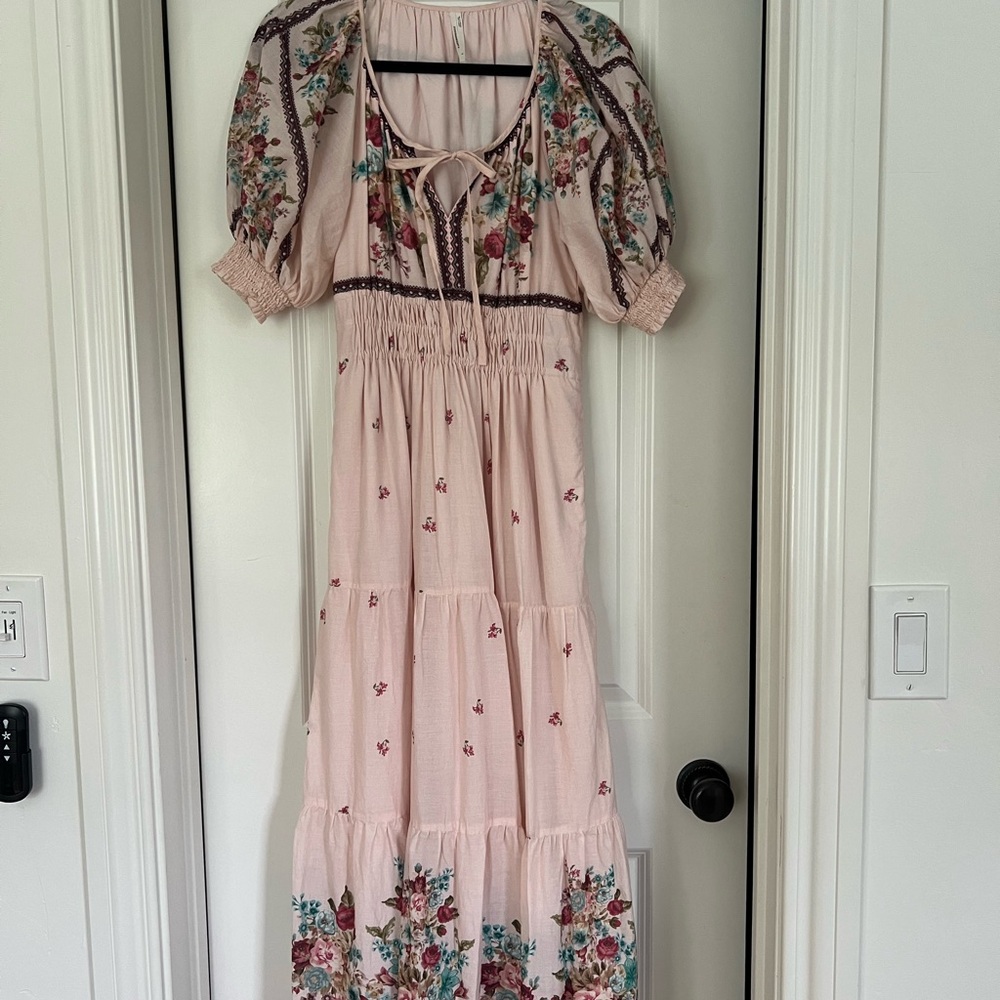 Anthropologie Pink Floral Puff-Sleeve Maxi Dress
